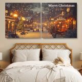 Merry Christmas Village at Night — single-panel canvas in a bedroom