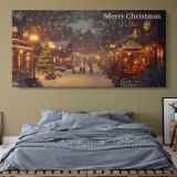 Merry Christmas Village at Night — single-panel canvas above a bed with blue bedding
