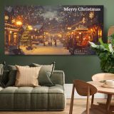 Merry Christmas Village at Night — single-panel canvas above a green sofa