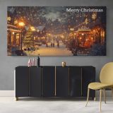 Merry Christmas Village at Night — single-panel canvas above a sideboard