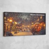 Merry Christmas Village at Night — single-panel canvas shown on a pale studio wall
