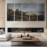 Moonlit River Landscape by Aert van der Neer — four-panel canvas arrangement in a living room