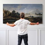Moonlit River Landscape by Aert van der Neer — single-panel canvas shown behind a standing person for scale