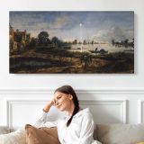 Moonlit River Landscape by Aert van der Neer — single-panel canvas shown above a seated person