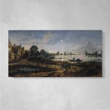 Moonlit River Landscape by Aert van der Neer — single-panel canvas on a pale wall