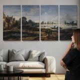Moonlit River Landscape by Aert van der Neer — three-panel canvas above a sofa