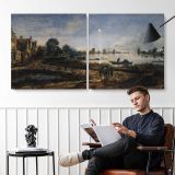 Moonlit River Landscape by Aert van der Neer — two-panel canvas arrangement in a room