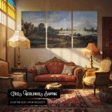Moonlit River Landscape by Aert van der Neer — multi-panel canvas in a warmly lit lounge