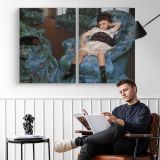 Mother and Child in a Blue Armchair by Mary Cassatt - two-panel canvas displayed in a reading room