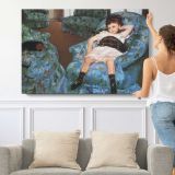 Mother and Child in a Blue Armchair by Mary Cassatt - single-panel canvas shown with a person for scale