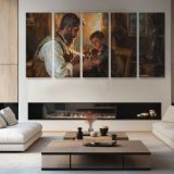 Mother and Child in a Warm Interior by Daniel Gerhartz — four-panel canvas arrangement in a living room