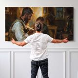 Mother and Child in a Warm Interior by Daniel Gerhartz — single-panel canvas shown behind a standing person for scale