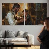 Mother and Child in a Warm Interior by Daniel Gerhartz — three-panel canvas above a sofa