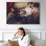 Mother and Children with Angels - single-panel canvas displayed above a sofa