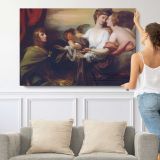Mother and Children with Angels - single-panel canvas shown with a person for scale