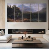Mount Washington by Albert Bierstadt — four-panel canvas arrangement in a living room