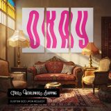 Okay Pink Typography - multi-panel canvas displayed in a classic lounge