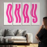 Okay Pink Typography - multi-panel canvas displayed above a sofa