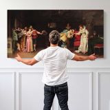 Old-Fashioned Gallantry by Adriano Cecchi — single-panel canvas shown behind a standing person for scale