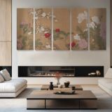 One Hundred Flowers after Yun Shouping — four-panel canvas arrangement in a living room