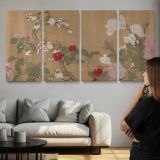 One Hundred Flowers after Yun Shouping — three-panel canvas above a sofa