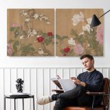 One Hundred Flowers after Yun Shouping — two-panel canvas arrangement in a room