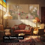 One Hundred Flowers after Yun Shouping — multi-panel canvas in a warmly lit lounge