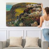 Our English Coasts, (strayed Sheep) by William Holman Hunt - single-panel canvas shown with a person for scale