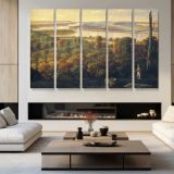 Panoramic Town and Valley Landscape - multi-panel canvas displayed in a modern living room