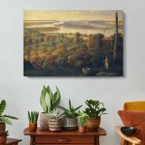 Panoramic Town and Valley Landscape - single-panel canvas displayed above a console table
