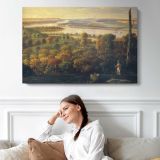 Panoramic Town and Valley Landscape - single-panel canvas displayed above a sofa