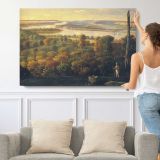 Panoramic Town and Valley Landscape - single-panel canvas shown with a person for scale