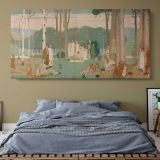 Picnic in the Park — single-panel canvas above a bed with blue bedding