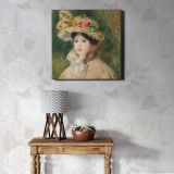 Pierre Auguste Renoir poster, vintage Woman with Capeline wall decor (early 1890s) — room mockup view 1