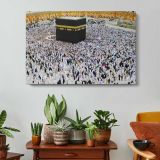 Pilgrims Gathered around the Kaaba - single-panel canvas displayed above a console table