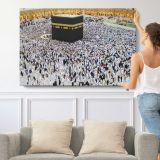 Pilgrims Gathered around the Kaaba - single-panel canvas shown with a person for scale