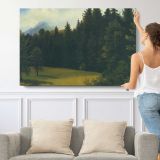 Pine Forest Clearing - single-panel canvas shown with a person for scale