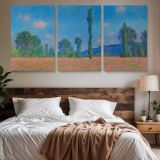 Poppy Field at Giverny by Claude Monet — three-panel canvas above a bed