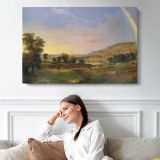 Rainbow over a River Landscape - single-panel canvas displayed above a sofa