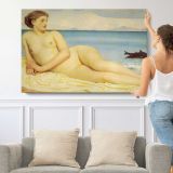 Reclining Figure by the Sea by Frederic Leighton - single-panel canvas shown with a person for scale