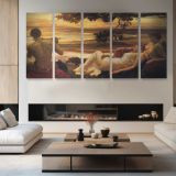 Reclining Figures at Sunset by Frederic Leighton — four-panel canvas arrangement in a living room