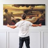 Reclining Figures at Sunset by Frederic Leighton — single-panel canvas shown behind a standing person for scale