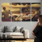 Reclining Figures at Sunset by Frederic Leighton — three-panel canvas above a sofa