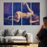 Reclining Nude on Blue Drapery by John Sloan - multi-panel canvas displayed above a sofa