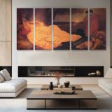 Reclining Woman in a Golden Interior by Frederic Leighton — four-panel canvas arrangement in a living room