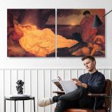 Reclining Woman in a Golden Interior by Frederic Leighton — two-panel canvas arrangement in a room