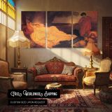 Reclining Woman in a Golden Interior by Frederic Leighton — multi-panel canvas in a warmly lit lounge