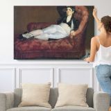 Reclining Woman on a Sofa by Edouard Manet - single-panel canvas shown with a person for scale