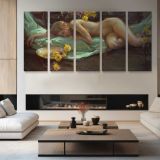 Reclining Woman with Flowers by Daniel Gerhartz — four-panel canvas arrangement in a living room