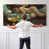 Reclining Woman with Flowers by Daniel Gerhartz — single-panel canvas shown behind a standing person for scale
